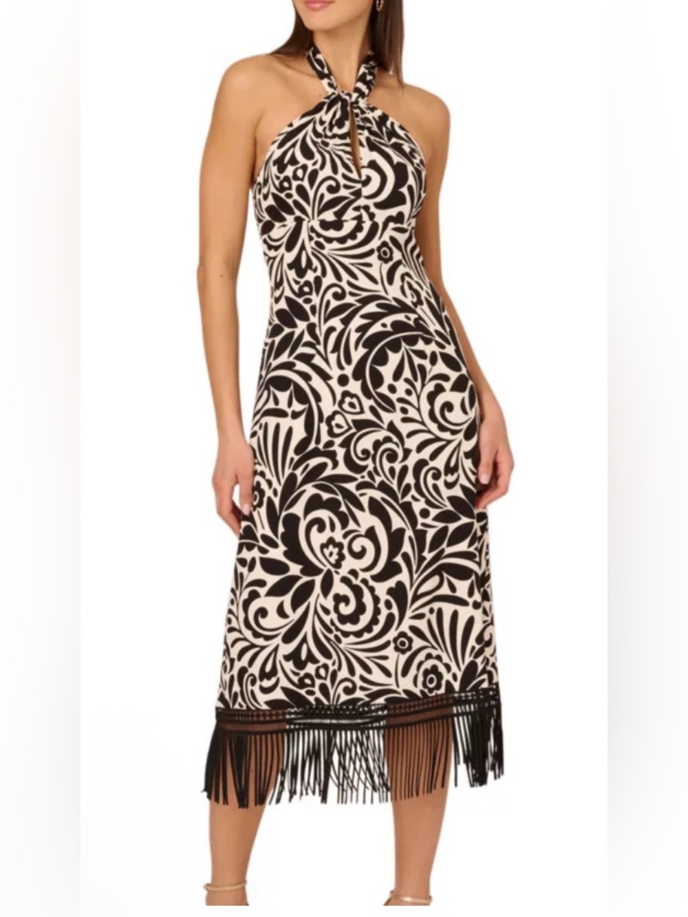 NWT Adrianna Papell Size 10 Black Ivory Printed Halter Midi Dress